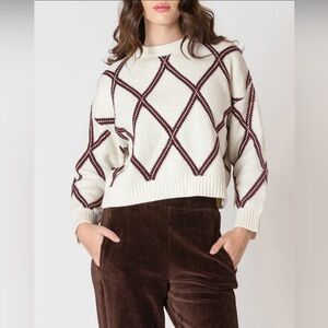 DEX Diamond Check Knit Sweater Cream Burgundy Argyle Size M EUC